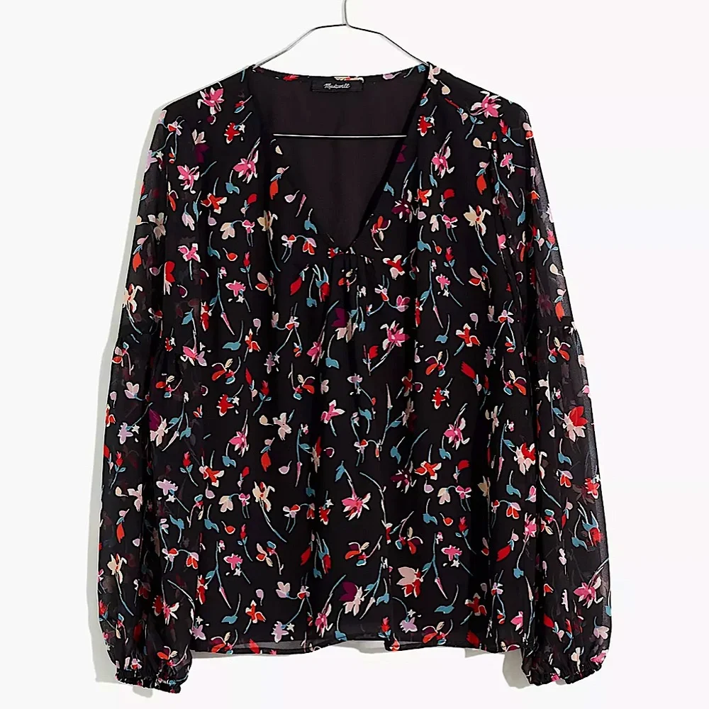 *NWOT* MADEWELL Shirred-Sleeve V- Neck Blouse - Picture 1 of 6